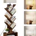 Evermagin 6 Tier Tree Bookshelf with Light, Narrow Bookcase Tower, Tall Floor Standing Book Organizer with Storage Cabinet for Living Room, Bedroom and Home Office, Rustic Brown