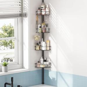 Corner Shower Caddy Tension Pole with 4 Adjustable Shelves, Bathroom Storage Organizer, Waterproof Corner Towel Holder, 63.7-119 inch Bathroom Corner Shelf, Black