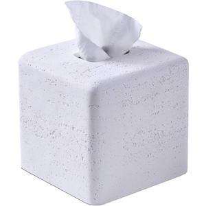White Natural Travertine Textures Square Tissue Box Cover Holder, Resin Tissue Box Holder Decorative for Bathroom, Vanity, Kitchen Countertop, Bedroom Night Stands, Office Desk Top (Medium)