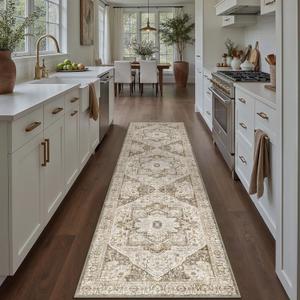 Brown Hallway Runner Rug 3x7 Vintage Washable Distressed Area Carpet Kitchen Indoor Non Slip Long Traditional Medallion Retro Accent Throw Rug for Bedroom Laundry Office Dining Living Room