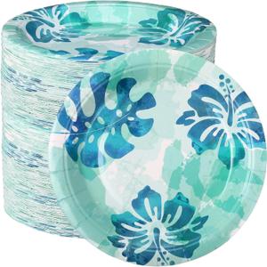 80 Pieces 7 Inch Tropical Paper Plates Hawaiian Disposable Plates Luau Party Plates Green Leaves Dinnerware Plates Decoration Hawaiian Luau Summer Theme Birthday Baby Shower Party Supplies