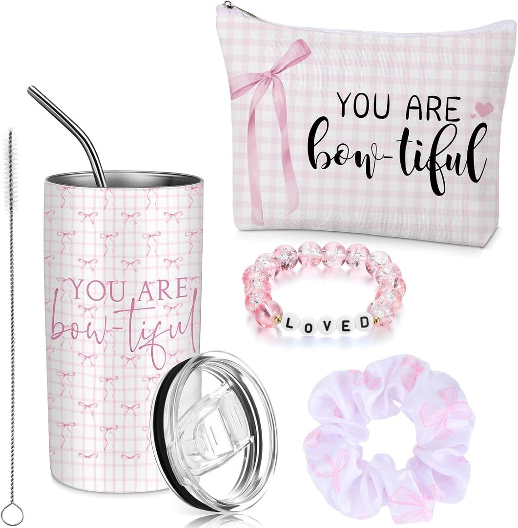 Sieral 4 Pcs Bow Gifts for Women Pink Preppy Birthday Gifts for Women Pink Bow Makeup Bag You Are Bowtiful Tumbler 14oz Beaded Bracelet Scrunchies Coquette Trendy Stuff Paraprofessional Appreciation