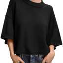 Saodimallsu Womens Short Sleeve Sweater Summer Oversized Cropped Sweaters Casual Crewneck Lightweight Knit Tops Black,XL
