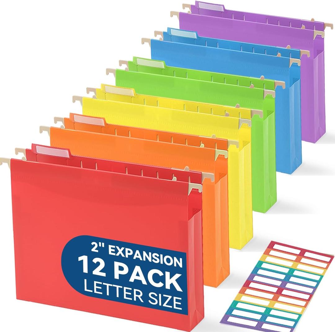 SortRax Plastic Extra Capacity Hanging File Folders, 2" Assorted Colors Expanding Pocket, Heavy Duty for Filing Cabinet, Insertable 1/5-Cut Tabs, Letter Size - 12 Pack