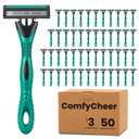 50 count Disposable Razors for Men,3-Blade Razors,Bulk Stainless Steel Shavers with Lubricating Strip for Shaving Sensitive Skin