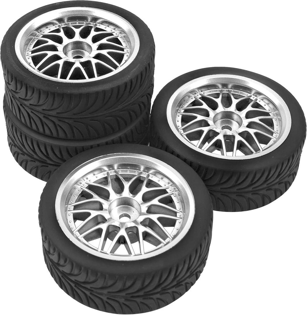 OD 2.55" Rubber Tires & Plastic Wheel Rims 12mm Hex Hub Compatible with HSP Tamiya HPI Kyosho Redcat ExceedRC 1/10 On-Road Touring Car,WLtoys 1/14 144001 RC Buggy (Silver)