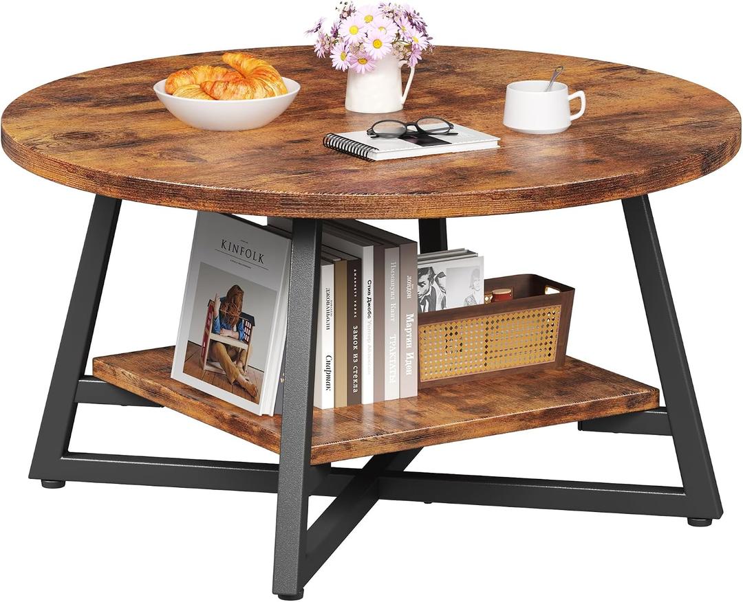 Round Coffee Table, Small Circle Coffee Table with Storage, Modern Wood Round Center Table for Living Room, Home Office, Small Space, Easy Assembly, Rustic Brown, Regular