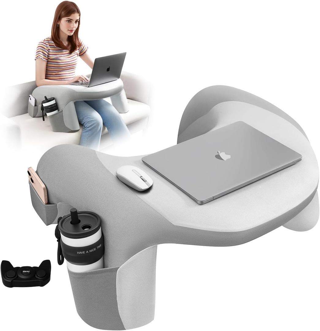 Reading Pillow for Bed, Lap Desk for Laptop, Memory Foam Arm Rest Support Gaming Pillow with Cup/Phone Pocket, Laptop Lap Desk for Working, Gaming, Reading on Couch Bed Floor- Grey (Gray)