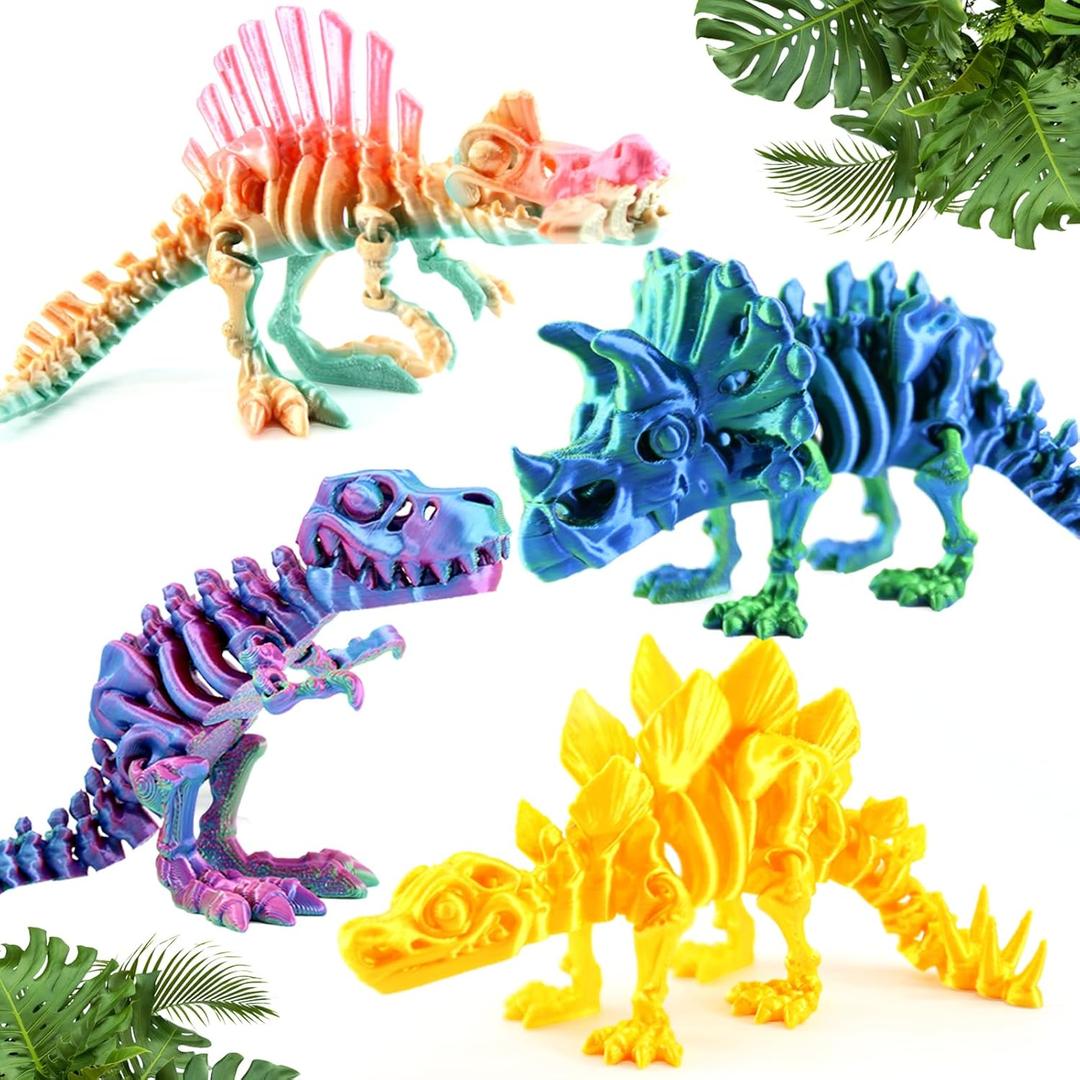 DEFORAGE 4PCS 3D Printed Dinosaur Skeleton, Articulated Tyrannosaurus Skeleton, 3D Printed Triceratops Ridgeback Stegosaurus, 3D Printed Animal Dinosaur Themed Party Decor, Stress Relief (Mixed Color B)
