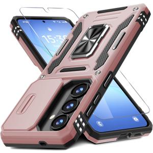 DEERLAMN Case for Samsung Galaxy A37 5G with Slide Camera Cover+Screen Protector (1 Pack), Rotated Ring Kickstand Military Grade Shockproof Protective Cover-Rose Gold