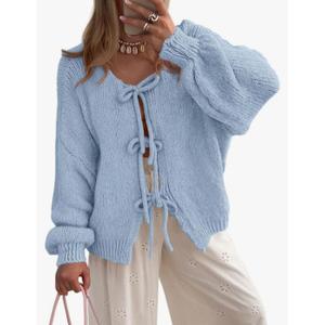 PRETTYGARDEN Women's Tie Front Bow Cardigan Sweaters Chunky Knit Long Puff Sleeve Trendy Fall Winter Jacket Coats Light Blue Medium PRETTYGARDEN Women's Tie Front Bow Cardigan Sweaters Chunky Knit Long Puff Sleeve Trendy Fall Winter Jacket Coats Light Blue Medium