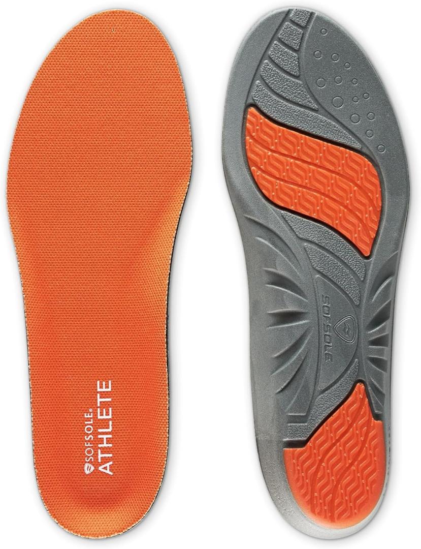 SOF SOLE ATHLETE Performance Men's Insoles - PU Foam & Gel Inserts - Heel-to-Toe Cushioning, Support, & Moisture Control, - Lightweight Comfort & Stability - Ideal for Runners, Walkers, Athletes (13-14, Orange)