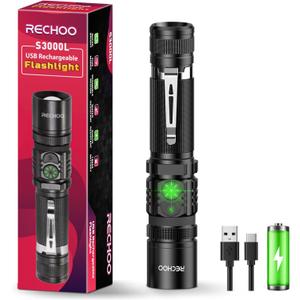 RECHOO Rechargeable Flashlights High Lumens, Double Switch S3000L LED Flashlight, Super Bright 5 Modes Zoomable Waterproof EDC Flashlights for Home, Emergncies, Camping (Battery Included)1 Pack