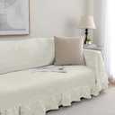 Rustic Linen Sofa Cover with Tie Strings, Full Couch Protector Durable Throw Slipcover Ruffled Edge (Natural, Sofa)
