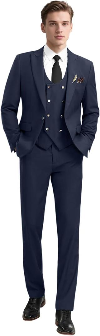 3 Piece Men's Suits Slim Fit Suits Double Breasted Suit Wedding Groomsmen Prom Business Suit Formal Tuxeds Blazer (Medium, Navyblue)