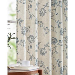 jinchan Linen Curtains Floral Curtains 63 Inch Length for Living Room Bedroom Light Filtering Rod Pocket Back Tab Jacobean Curtains Flax Linen Texture Window Drapes Set 2 Panels Blue on Linen