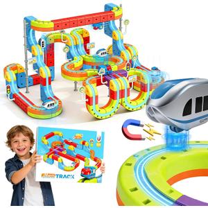 3D Infinity Cube Track Magnetic Electric Train Set for Kids 4 6 7 8,Toy Vehicle Playsets for Toddlers 3-5 Train Set Learning Gift,141 Pcs/2 car