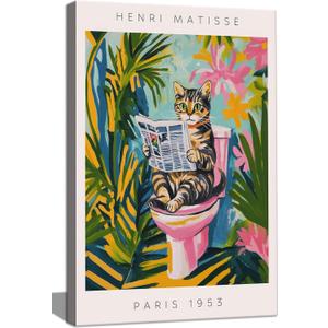 Funny Cat Bathroom Canvas Wall Art, Colorful Tabby Cat on Toilet Wall Art, Animals Reading Canvas Print Artwork, Dopamine Bathroom Wall Decor for Bathroom Toilet Restroom Washroom Home Decor 16x24''
