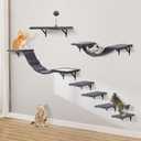 Wall-Mounted Cat Climber Set with Climbing Shelves, Perches, Bridge,Hammock,Scratching Board & Ball - 7 Pcs Wood Indoor Cat Furniture for Kittens Play (Dark Grey)