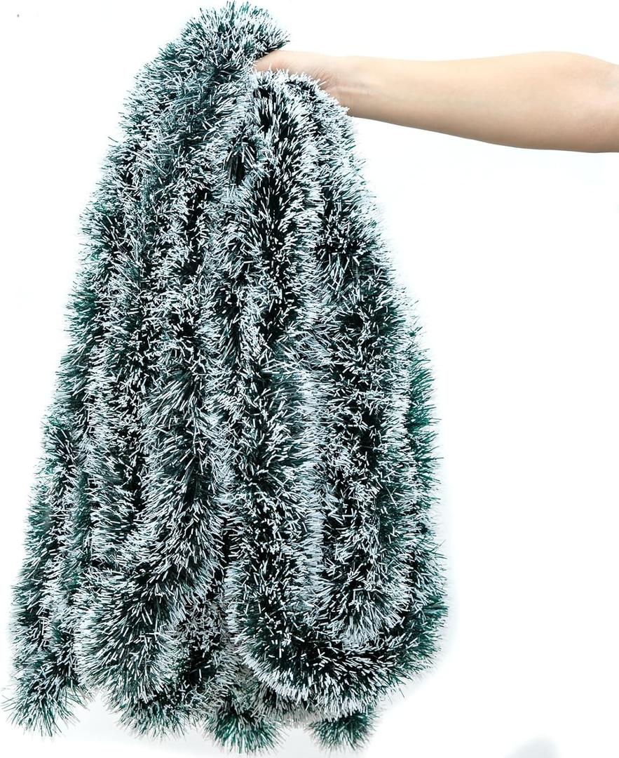 50FT Christmas Tinsel Garland, Snow Flocked Artificial Greenery Pine Garland for Christmas Tree Wedding Birthday Home Party Decoration, Pack of 8 (6 Boxes)