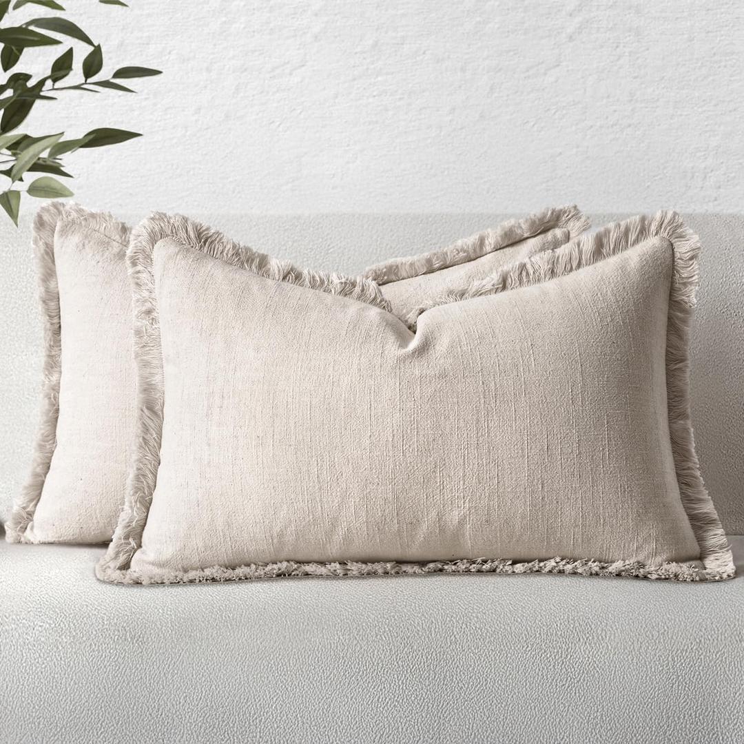 MIULEE Decorative Lumbar Throw Pillow Covers Neutral Linen Fringe Throw Pillows Set of 2 Natural Beige Boho Farmhouse Cushion Covers for Couch Sofa Bed Living Room Spring Home Decor 12x20 Inch