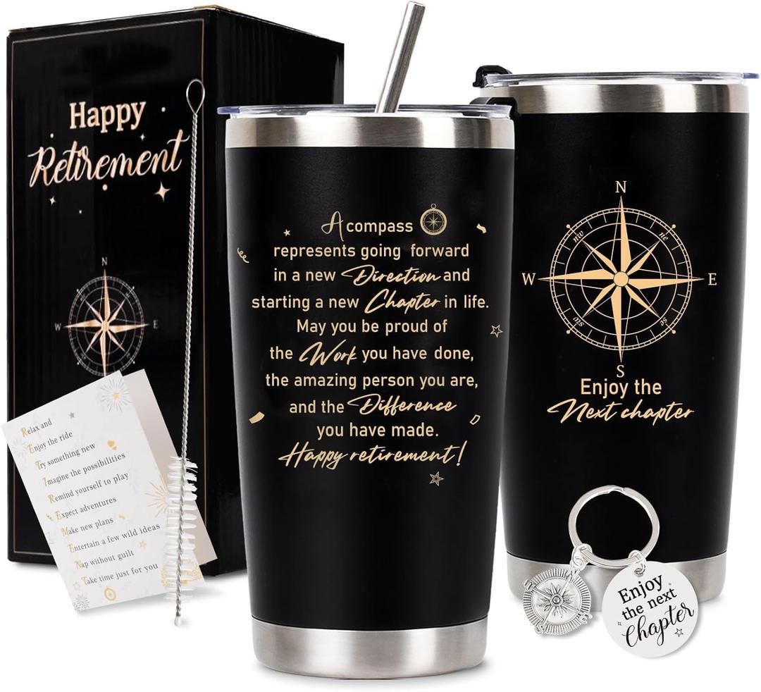 Retirement Gifts for Men 2025, 20 Oz Retired Tumbler Cup with Lid & Straw, Best Retirement Gift Set Stainless Steel Cup with Keychain & Card for Men Him Husband Teachers Boss Doctors Coworkers, Black