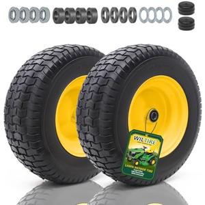 Wiltire 16x6.50-8 Tire and Wheel Assembly (2 Pack),Flat Free Lawn Mower Tires with Rim, Solid Rubber Riding Lawn Mower Tires and Wheels,3/4" Bearings (Extra 5/8" Bearings),3" Centered Hub(Yellow)