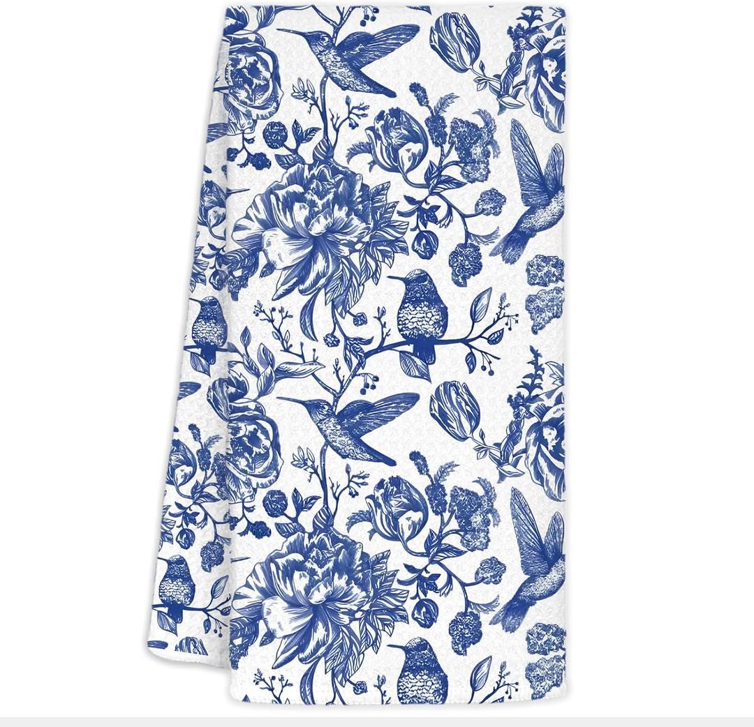 Blue and White Chinoiserie Floral Bird Tea Hand Dish Towels for Kitchen Bathroom, Chinoiserie Decor, Blue Tea Hand Dish Kitchen Towels, 16x24 (China1)