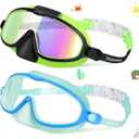 Vvinca 2 Pcs Kids-Swim-Goggles with Nose Cover, Swimming Diving Mask Wide View Anti Fog UV Anti Shattered Lens for Kids 3-5 (01-Mirrored Black Green & Light Blue)