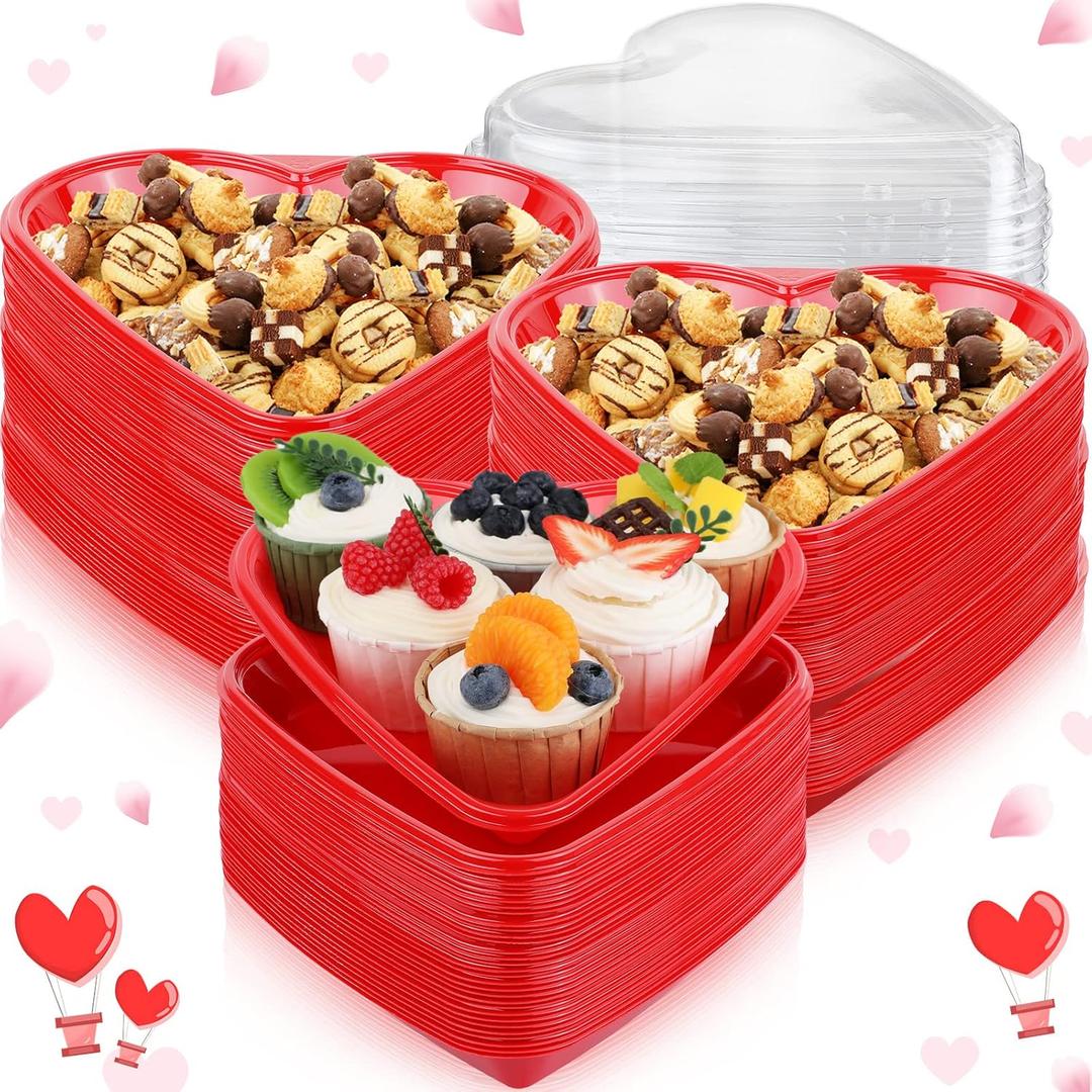 Valentine's Heart Shaped Serving Tray Platter Plastic Red Heart Disposable Plates Valentines Day Dessert Plates Snack Tray with Clear Lids for Valentine Birthday Party Table Decoration Dinner (25 Set)