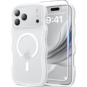 Magnetic for iPhone 17 Pro Max Case, Cute Wavy [Full Camera Protection][Fit for MagSafe] 1X Screen Protector + 1X Wrist Strap, Trendy Matte Women Girly Case for iPhone 17 Pro Max 6.9", Frosted White