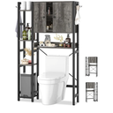 Over The Toilet Storage Cabinet with Doors - 7 Tier Bathroom Organizer with Adjustable Shelf, Freestanding Space Saver Rack Above Toilet Stand with 4 Hooks for Bathroom, Restroom, Laundry, Grey Oak