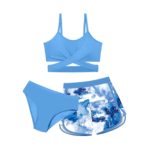 Girls Swimsuit 3 Piece Bathing Suit Criss Cross Bikini Set Girls' Swimwear with Shorts 11-12Y