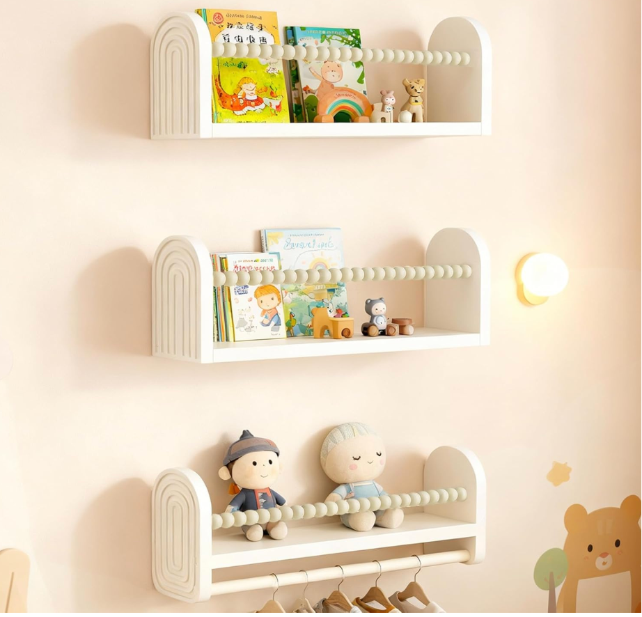 OurWarm Nursery Book Shelves for Wall Set of 3, White Natural Wood Nursery Floating Shelves with Towel Bar, Wall Mounted Floating Bookshelves for Baby Room Kids Room Living Room Storage and Decor