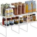 LANEJOY Metal Expandable Cabinet Shelf Organizer, Set of 2 Stackable Shelves for Pantry, Storage Countertop Shelf for Kitchen Counter, White, 17" L X 10" D X 6.3" H