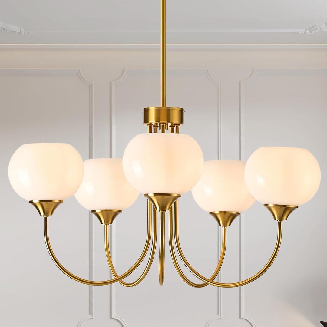 Modern Globe Chandelier 5 Light Mid Century White Milk Glass Vintage Sputnik Hanging Chandeliers Gold Pendant Light Fixtures for Dining Room Kitchen Living Room Bedroom, Rod