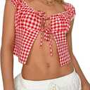 Women's Tie Up Split Front Gingham Square Neck Puff Sleeve Plaid Crop Top Blouse, Size XS