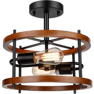 Lakumu 2-Light Retro Semi Flush Mount, Rustic Vintage Wood & Black Metal Industrial Farmhouse Ceiling Lamp for Hallway, Entryway, Bedroom, Balcony, Dining Room (12.8" (Pack of 1, Cherry)