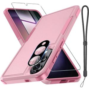 Case for Samsung Galaxy S25 Edge, Full Body Heavy Duty Rugged Shockproof Protective Phone Cover with Lanyard Strap, Tempered Glass Screen Protector and Camera Lens Cover, Cute Pink