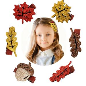 3 x GREENTEA 6 Pack Glitter Fall Leaves Hair Clips Set, Autumn Theme Acorn and Maple Leaf Design, Brown Red Gold Colors for Girl Woman Decor