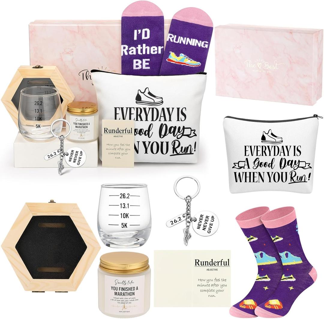 Weysat 8 Pcs Women's Marathon Gifts Set Funny Running Favors Hexagon Medal Display Case Novelty Socks Scented Candle Makeup Bag Stemless Glass Set Birthday Competition Gifts for Runner Marathon Lover