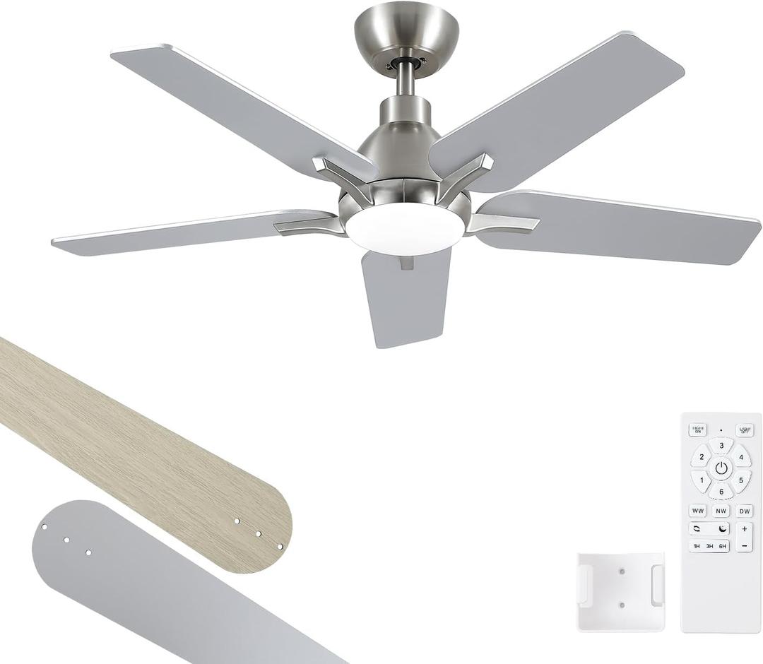 42 Inch Ceiling Fans with Lights, Brushed Nickel Ceiling Fan with Remote, Modern Ceiling Fan for Bedroom, Living Room, Dining Room, Patio, 3CCT Dimmable 6 Speeds DC Quiet