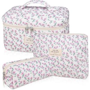 Makeup Bag Set, Quilted Makeup Bag, Large Floral Cosmetic Bag for Women, Cute Cotton Makeup Bags, Flower Travel Toiletry Organizer Bag (Purple Flower)