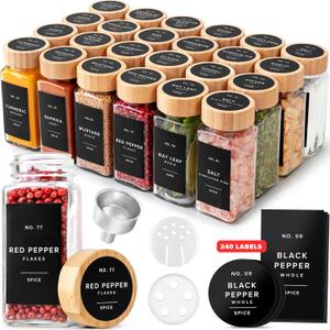EDELHAUS Square Spice Jars with Bamboo Wooden Lid (Pack of 24) Spice Jars with Shaker Insert and 240 Labels - Bamboo Lid Glass Container for Spice Organisation [4.3 in  1.8 in]