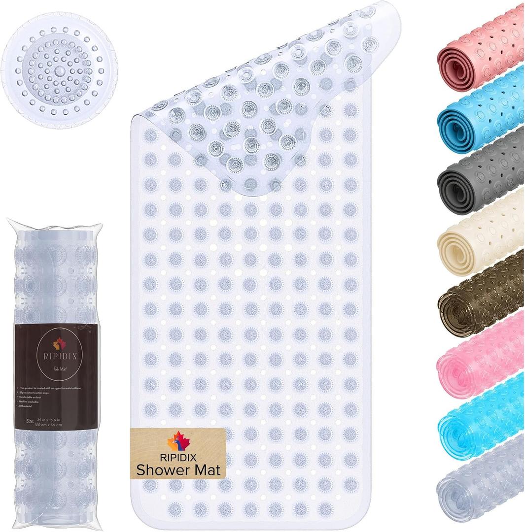 Bathtub Mat Non Slip Bath mat Extra Long 39x15.5 inch, Tub Mat Suction Cups and Drain Holes, Shower Mat Non Slip Anti Slip, Machine Washable, Bath Mat for Inside Shower, Clear