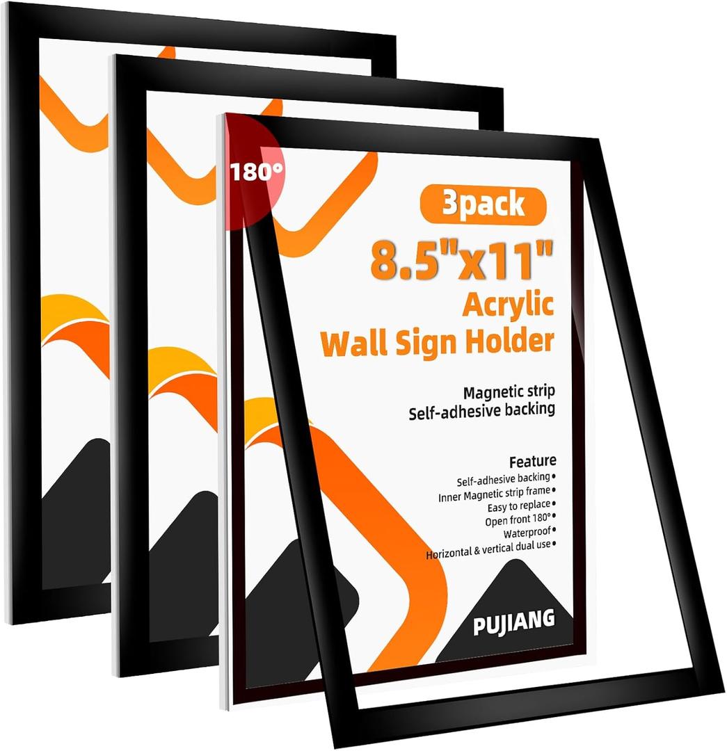 3 Pack 8.5x11 Acrylic Sign Holder Wall Mount with Framed Border, Peel & Stick Adhesive & 180 Flip Design - Single-Sided Clear Plastic Display for Menu, Poster, Flyer (Horizontal/Vertical) - Office, Home, Restaurant