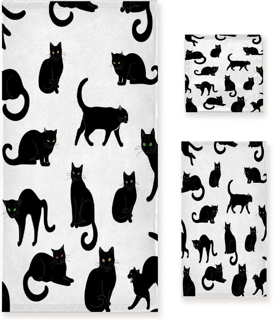 Black Cats 3 Piece Towel Bathroom Sets, 1 Bath Towel, 1 Washcloth, 1 Hand Towel, Cotton Fast Dry Soft Absorbent Towel Set for Home Kitchen Family