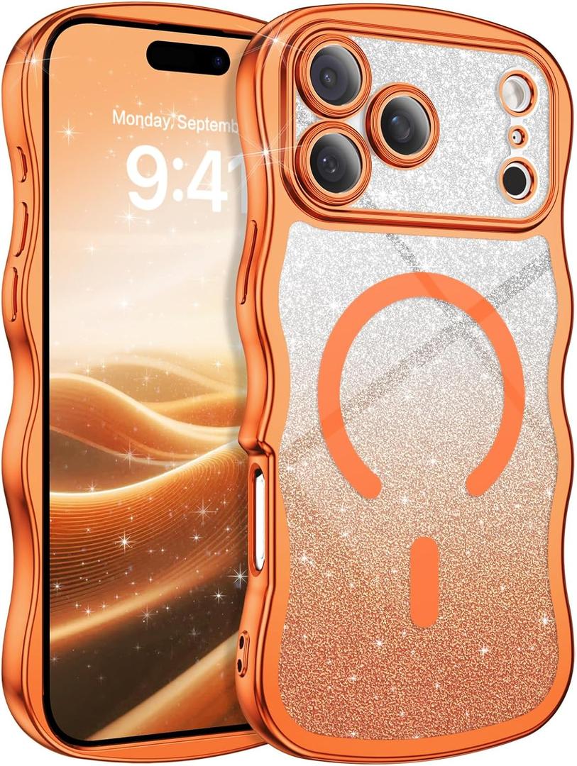 2 x BENTOBEN for iPhone 17 Pro Case Clear, [Compatible with MagSafe][Full Camera Protection][Cute Wave Frame][DIY Glitter Cardstock] Electroplated Wavy Shockproof 17Pro Phone Case 6.3", Cosmic Orange