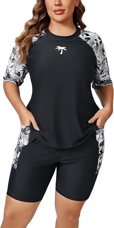 Halcurt Women's Plus Built in Bra Rash Guard Two Piece Swim Shirt and Pockets Boyleg Shorts (2X)