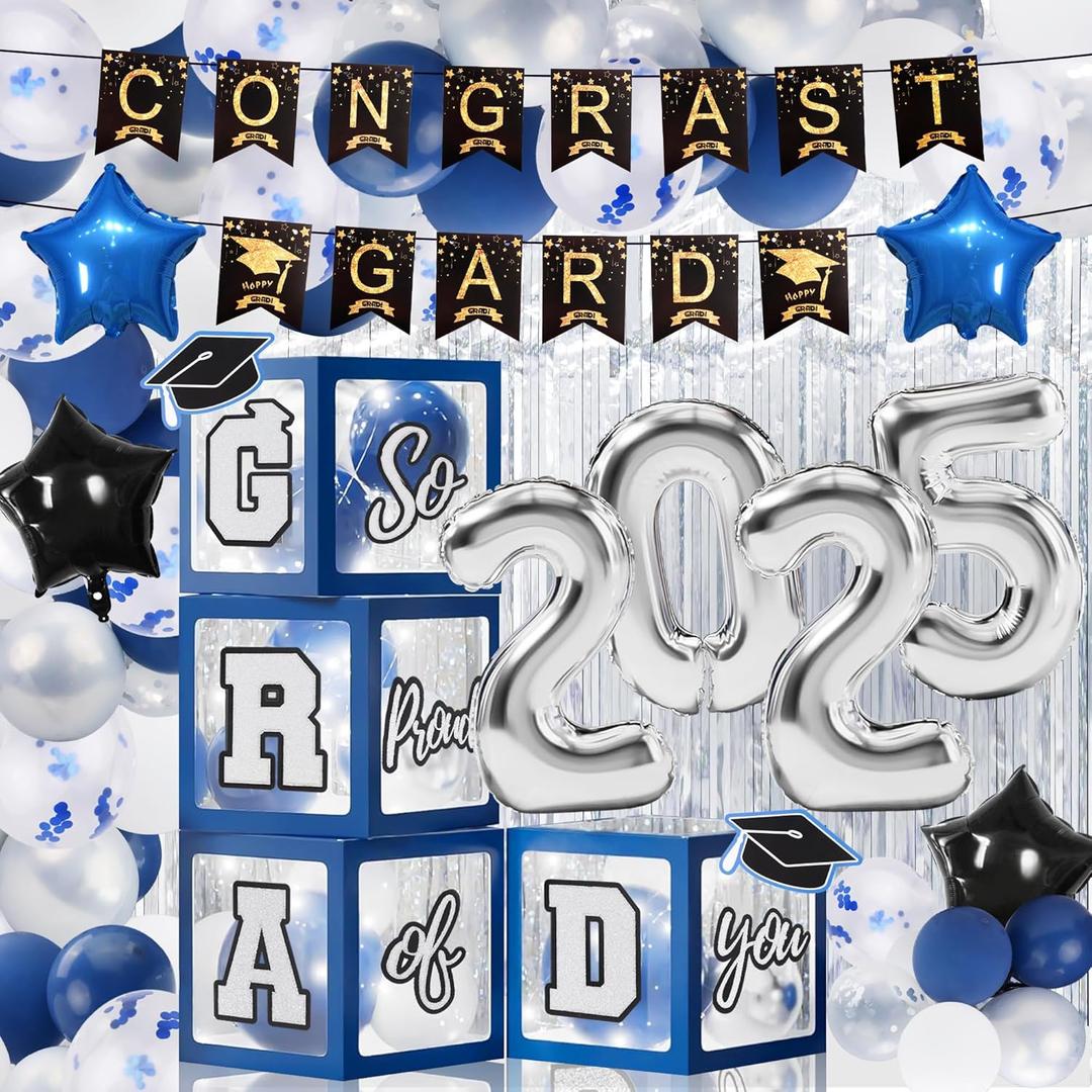146 PCS Graduation Decorations 2025, Graduation Party Decor Class of 2025 Set of Balloons Boxes with Letters 2025 GRAD So Proud of You, Congrats Grad Party Decorations for Any Grades
